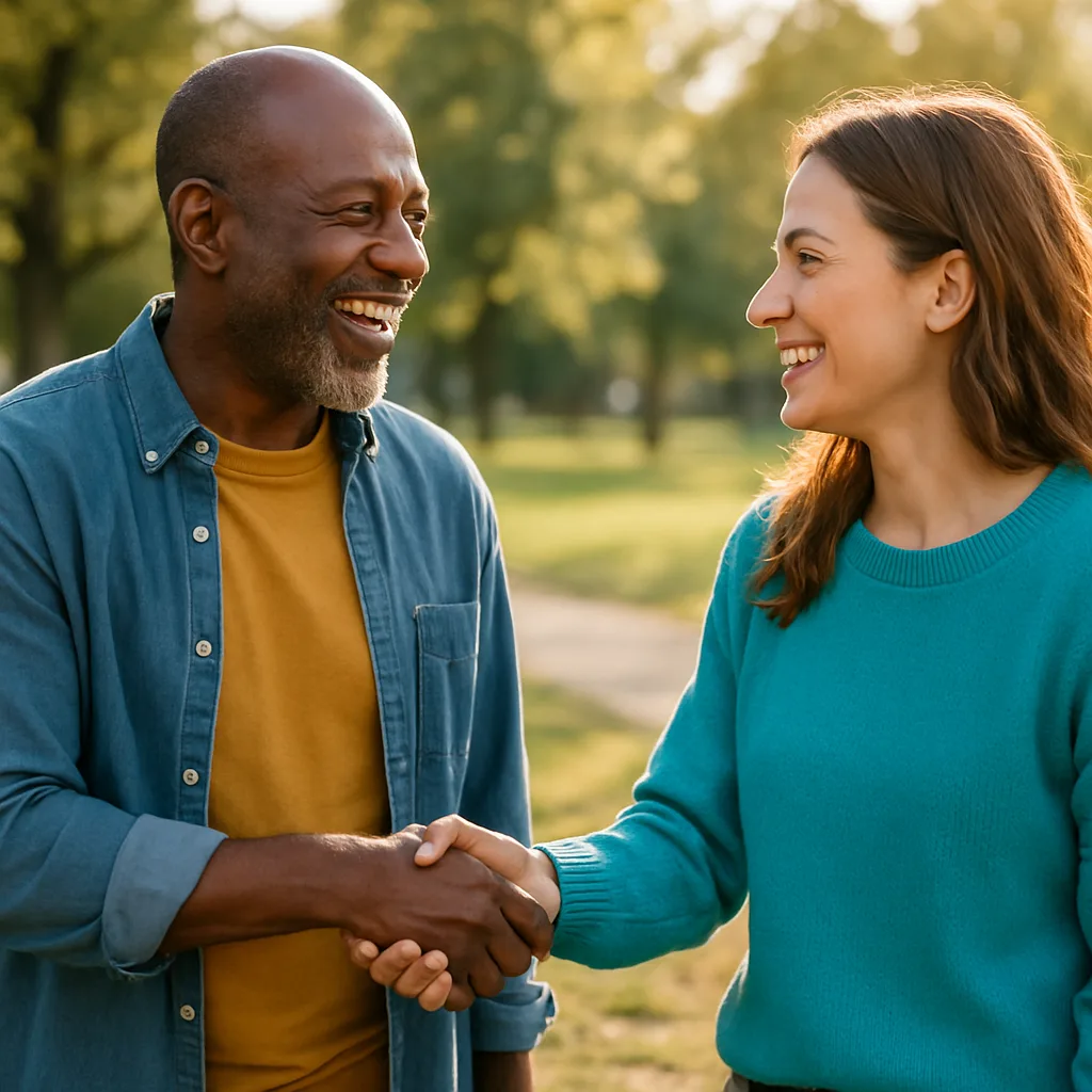 Two people meeting at a local park — genuinely local Belfast dating