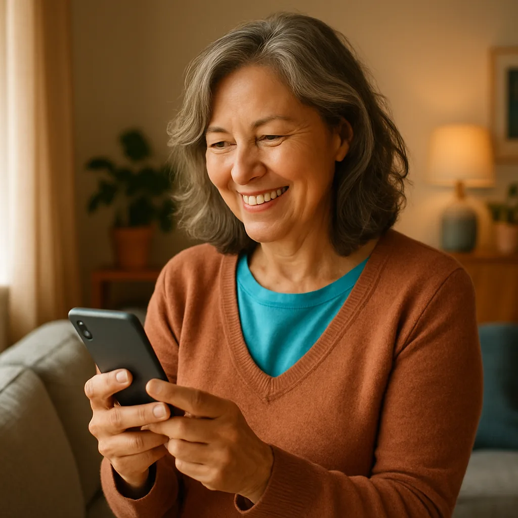 Smiling woman confidently checking her phone — verified profiles on The Belfast Dating Site